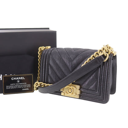 CHANEL  BOY CHANEL V stitch Shoulder Bag Black Caviar Skin Leather #DA393