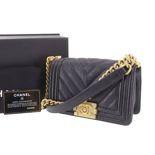 CHANEL  BOY CHANEL V stitch Shoulder Bag Black Caviar Skin Leather #DA393