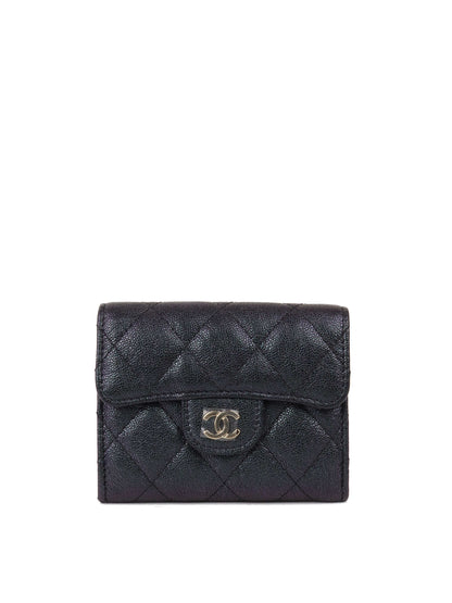 Chanel Black Iridescent Caviar Compact Wallet with SHW.