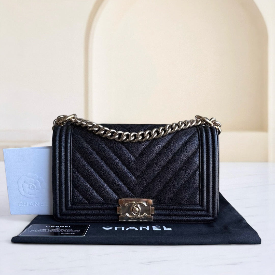 Chanel Boy Medium - Caviar 25CM Quilted Grained Calfskin Black Gold Hardware Series 28
