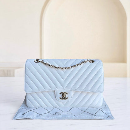 Chanel Classic Flap Medium - Caviar Chevron Grained Calfskin White Gold Hardware Series 31