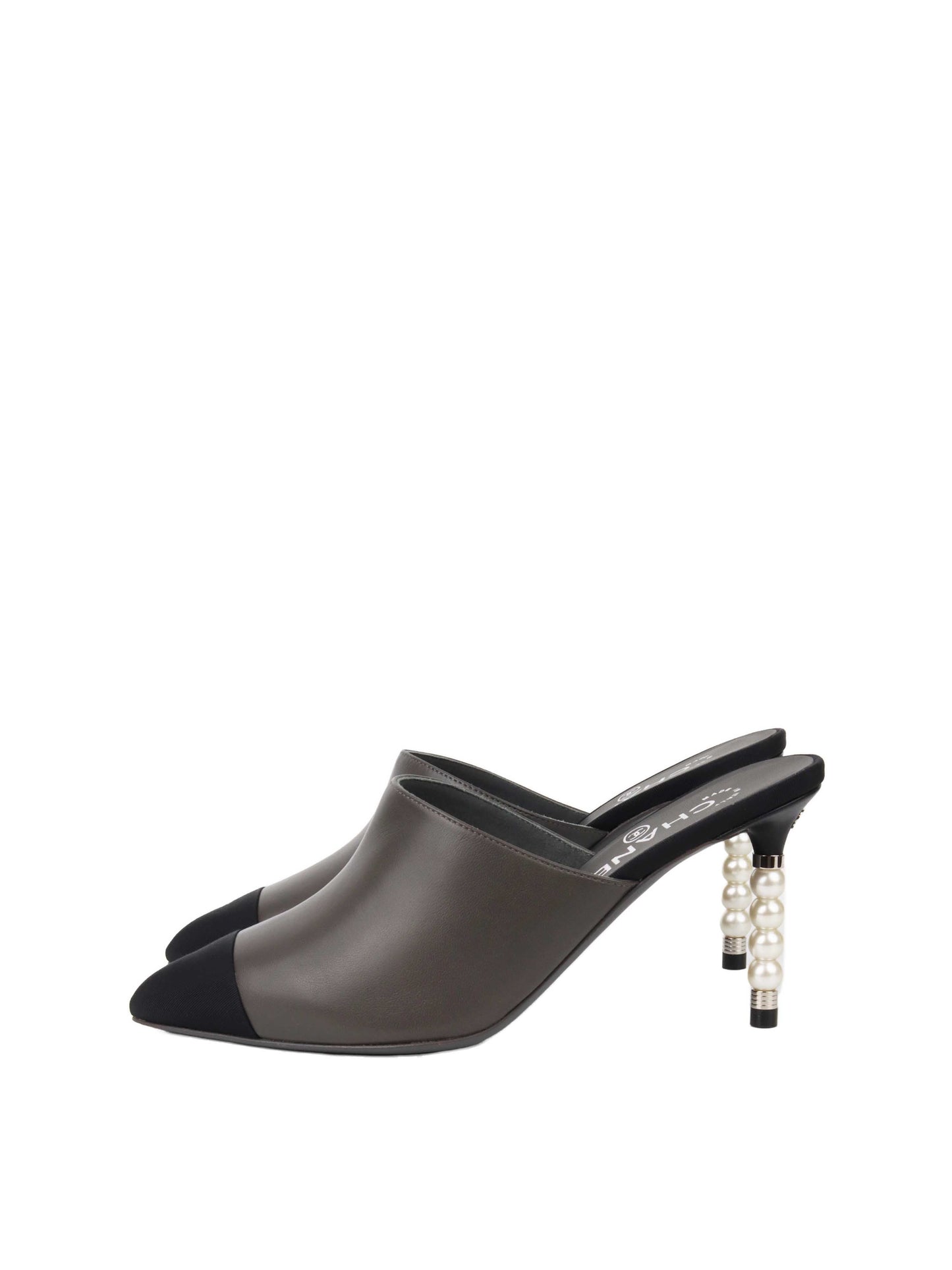 Chanel Black and Grey Mules with Pearl Heels Size 36.