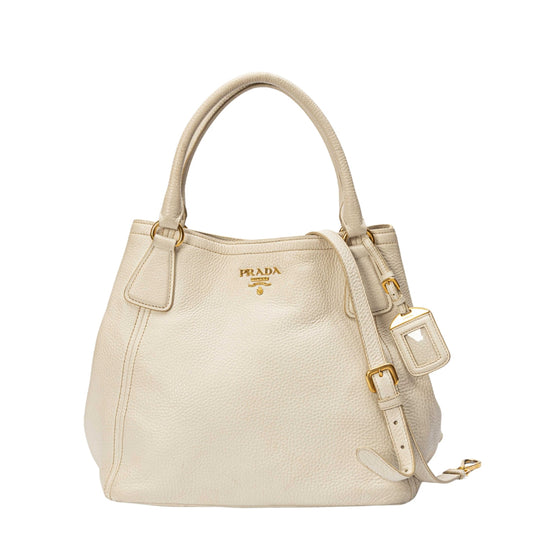 Prada White Vitello Daino Convertible Tote