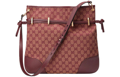 (WMNS) GUCCI Horsebit 1955 Retro Gold buckle Logo Canvas Drawstring Shoulder Messenger Bag Deep Red Classic 602089-9Y9NG-9865