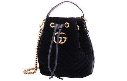 GUCCI GG Marmont Gold Label Logo Velvet Drawstring Bucket Bag Chain Handbag Black 525081-9FRDT-1000