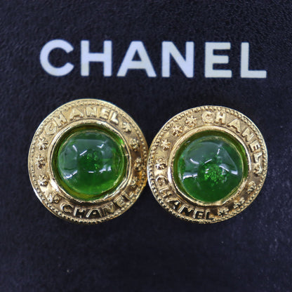 CHANEL Logos Circle Stone Earrings Gold Clip-On 2537 #AG997