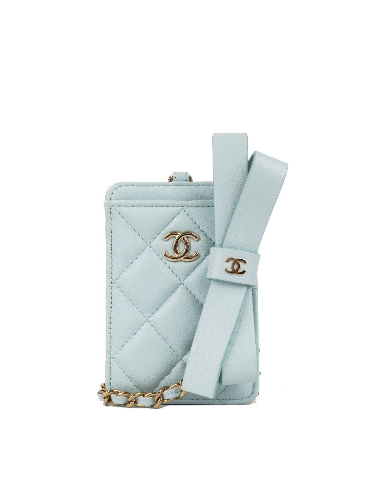 Chanel Pastel Blue Card Holder on Bow Chain LGHW *