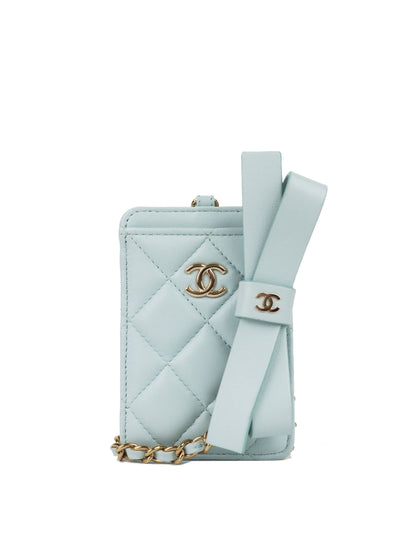 Chanel Pastel Blue Card Holder on Bow Chain LGHW *