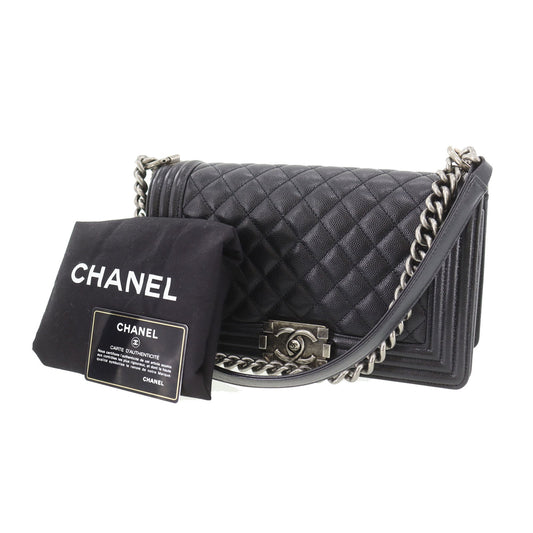 CHANEL  BOY CHANEL Shoulder Bag Black Caviar Skin Leather Vintage #DA572