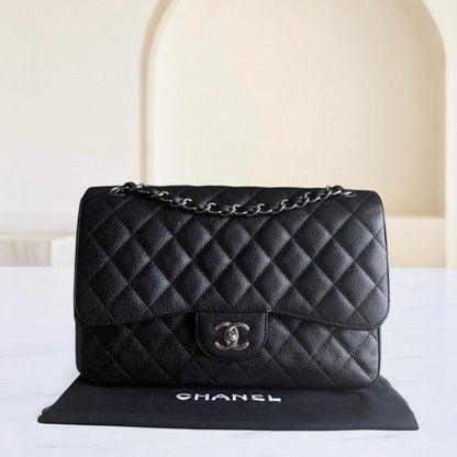 Chanel Classic Flap Jumbo - Caviar 30CM Double Flap Quilted Grained Calfskin Black Silver Hardware Series 19