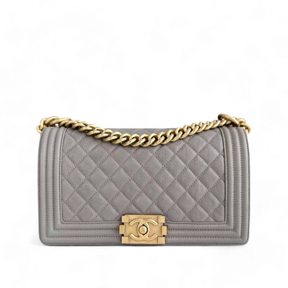 Chanel Boy Medium - Caviar 25CM Quilted Light Grey Gray Gold Hardware Series 26