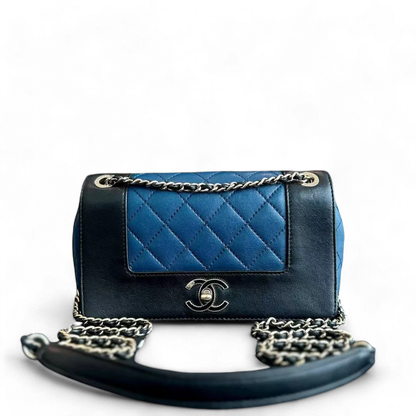 Chanel Seasonal Flap - Mademoiselle Small 20CM Calfskin Two-Tone Black Blue Golden Hardware Series 23