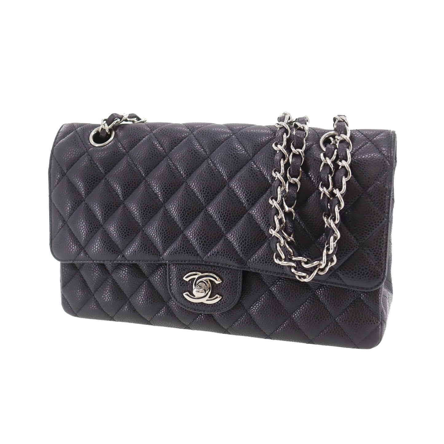 CHANEL Matelasse Double Flap  Shoulder Bag Black Caviar Skin Leather #CY111