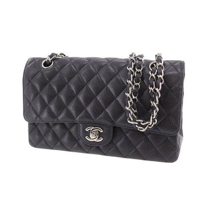 CHANEL Matelasse Double Flap  Shoulder Bag Black Caviar Skin Leather #CY111