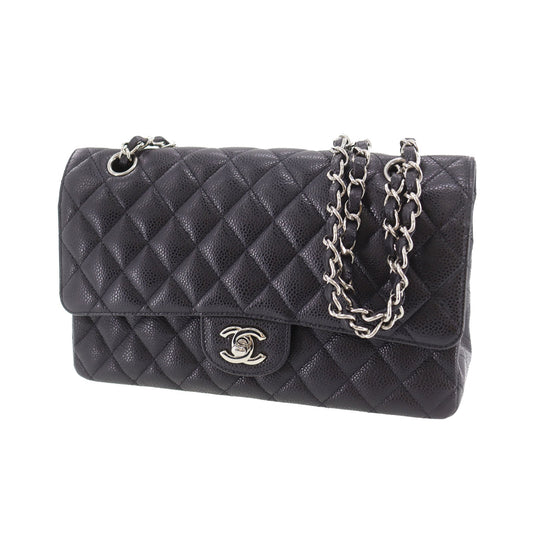 CHANEL Matelasse Double Flap  Shoulder Bag Black Caviar Skin Leather #CY111