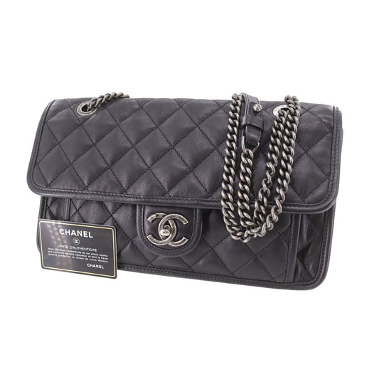 CHANEL Matelasse Frap French Riviera  Shoulder Bag Black Leather #CY690