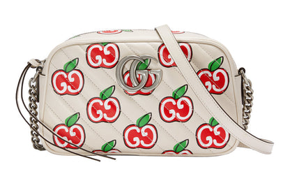 (WMNS) Gucci GG Marmont Silver Logo Apple Pattern Leather Chain Shoulder Messenger Bag Small White / Red Valentine's Day limited 447632-1W9AN-9086