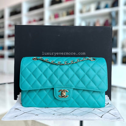 Chanel Classic Flap Medium - Caviar 25CM Quilted Cyan Blue Gold Hardware Series 23