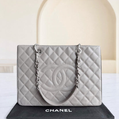 Chanel GST Grand Shopping Tote - Caviar Quilted Grained Calfskin Grey Gray Silver Hardware