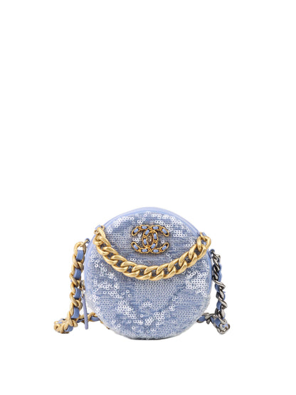 Chanel 19 Round Blue Sequinned Clutch with Chain.