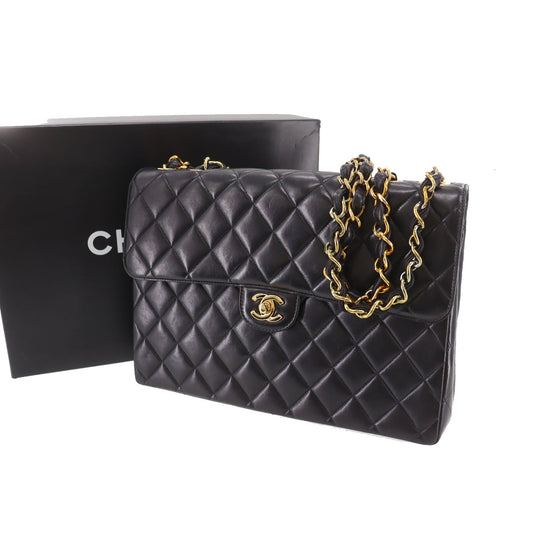 CHANEL Matelasse  Shoulder Bag Black Lambskin Leather #CX813