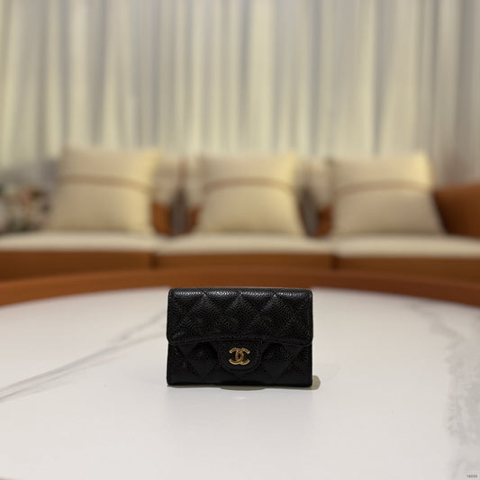 CHANEL CF SERIES BLACK GOLD LYCHEE LEATHER CARD CASE