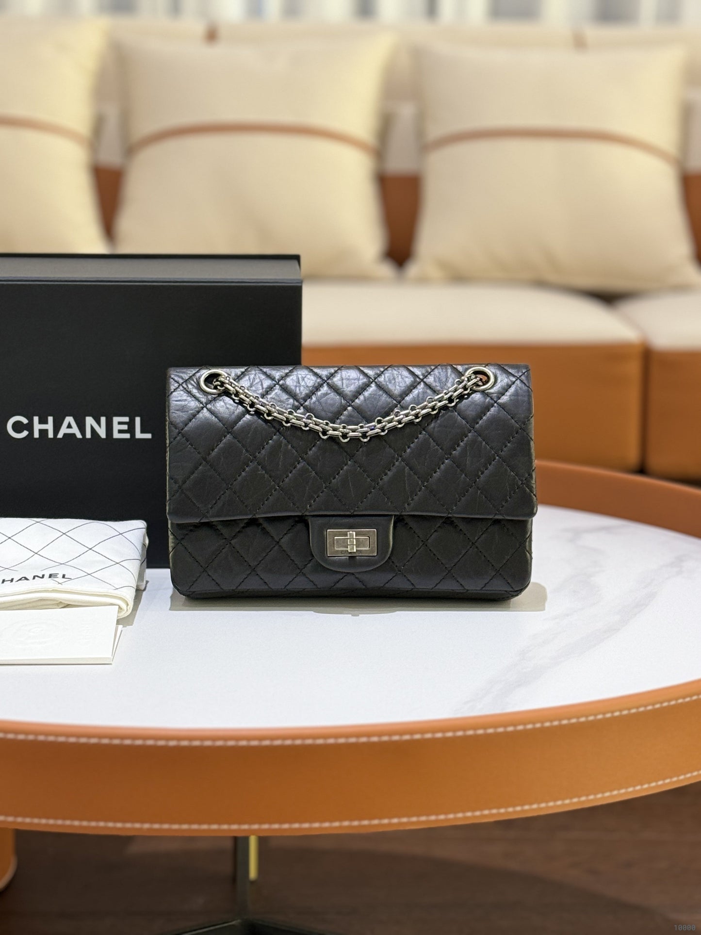 CHANEL 2.55 BLACK WITH SILVER HARDWARE AND CHIP