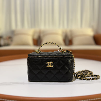 CHANEL MAKEUP BAG WITH HANDLE BLACK CAVIAR LEATHER