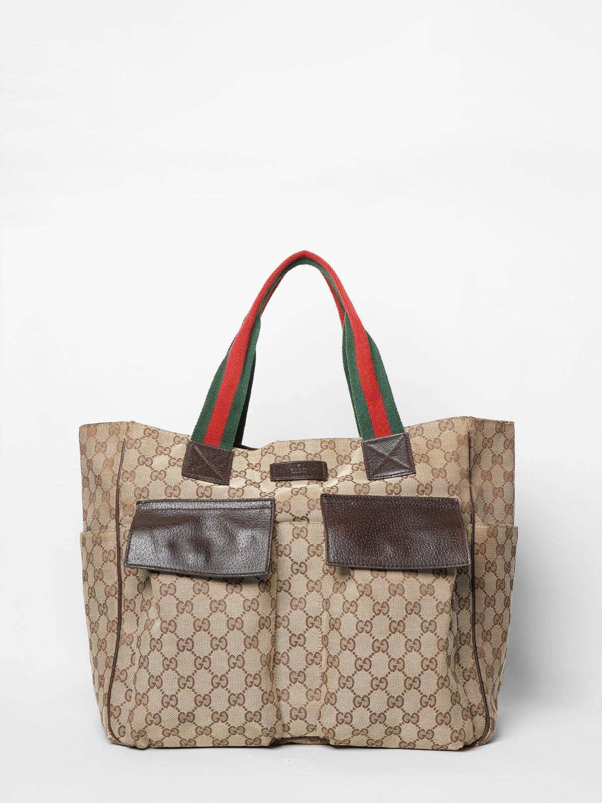 Gucci Beige GG Canvas Double Pocket Web Handle Tote