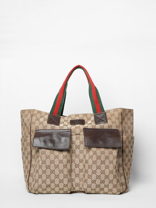 Gucci Beige GG Canvas Double Pocket Web Handle Tote