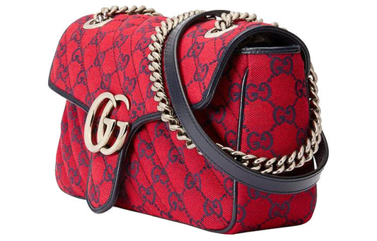 (WMNS) GUCCI GG Marmont Silver Label Logo Pattern Colorblock Leather Canvas Chain Shoulder Messenger Bag Small Red / Navy Blue Valentine's Day Limited 443497-2UZCV-6477