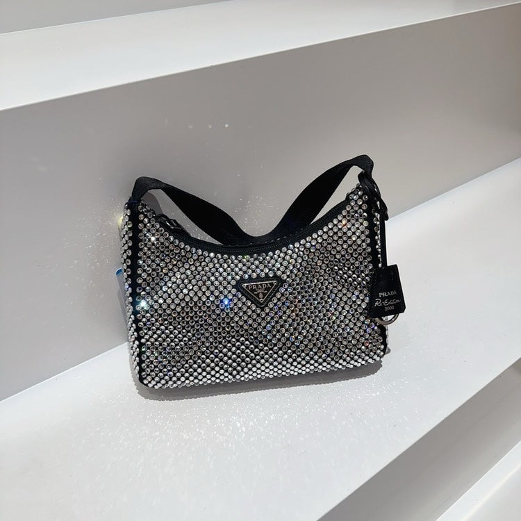 Prada Re-Edition 2000 Hobo Crystal Embellished Satin Mini