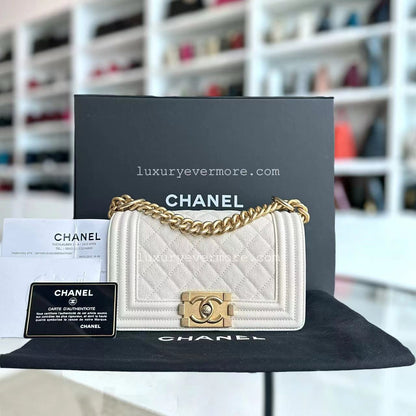 *Full Set, Receipt* Caviar Le Boy Small Quilted Cream White Golden Hardware Series 27