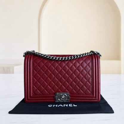 Chanel Boy Medium - 28CM Caviar Quilted Grained Calfskin Burgundy Dark Red Silver Hardware Series 19