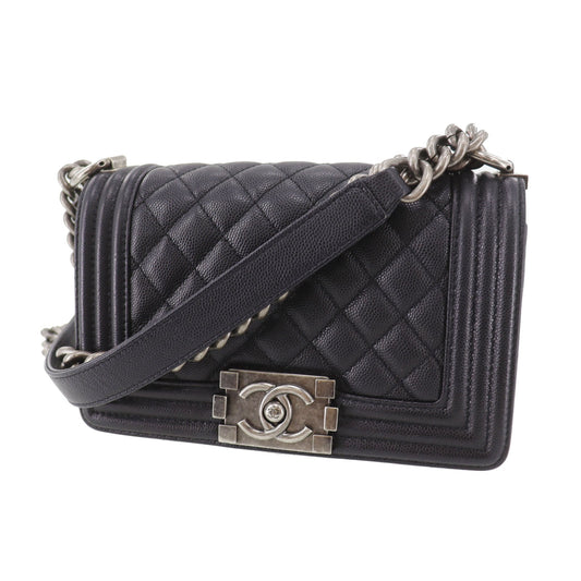CHANEL  BOY CHANEL Shoulder Bag Black Caviar Skin Leather Vintage #DA571