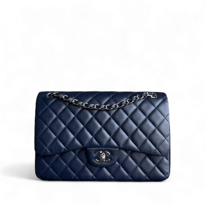 Chanel Classic Flap Jumbo - Caviar Double Flap 30CM Quilted Dark Navy Blue Silver Hardware Series 19
