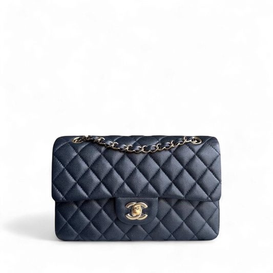 Chanel Classic Flap Small - Caviar Quilted Grained Calfskin Dark Midnight Blue Gold Hardware Series 26