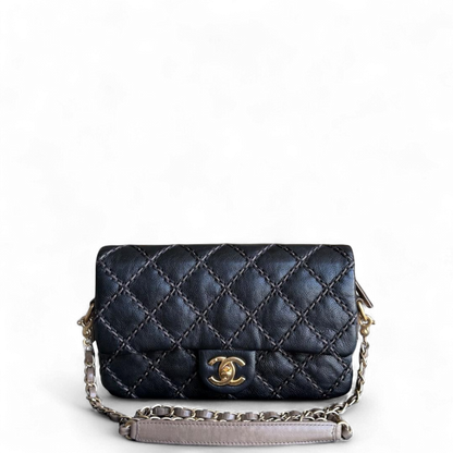 Chanel Seasonal Flap - Quilted Stitch Calfskin Zip Bag Black Gold Hardware Series 19