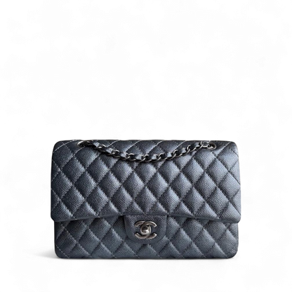 Chanel Classic Flap Medium - Caviar Quilted Grained Calfskin Iridescent Grey Gray Silver Hardware Series 20