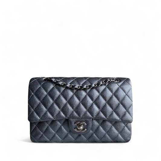 Chanel Classic Flap Medium - Caviar Quilted Grained Calfskin Iridescent Grey Gray Silver Hardware Series 20