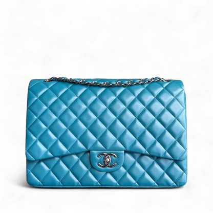 Chanel Classic Flap Maxi - Double Flap 33CM Quilted Lambskin Blue Silver Hardware Series 15