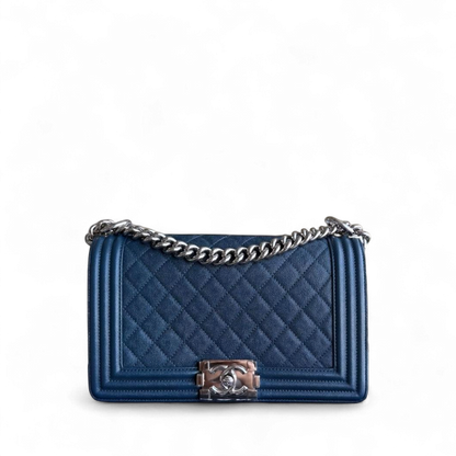Chanel Boy Medium - Caviar 25CM Quilted Grained Calfskin Blue Silver Hardware Series 28