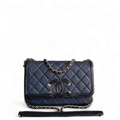Chanel Filigree CC Small - Caviar Quilted Grained Calfskin Dark Navy Blue Black Gold Hardware Series 23