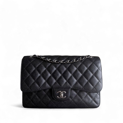 Chanel Classic Flap Jumbo - Caviar 30CM Double Flap Quilted Grained Calfskin Black Silver Hardware Series 19