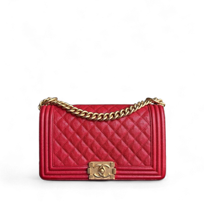 Chanel Boy Medium - Caviar 25CM Quilted Grained Calfskin Red Gold Hardware Series 26