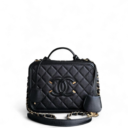 Chanel Filigree Vanity Case Medium - Caviar Quilted Grained Calfskin Black Gold Hardware Series 28
