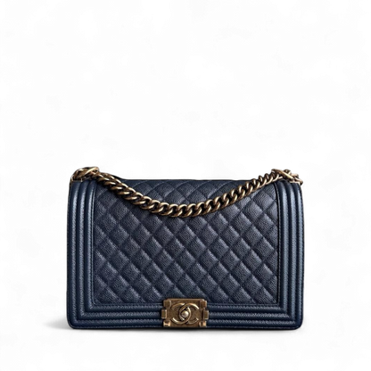 Chanel Boy New Medium - 28CM Caviar Quilted Grained Calfskin Dark Navy Blue Ruthenium Gold Hardware
