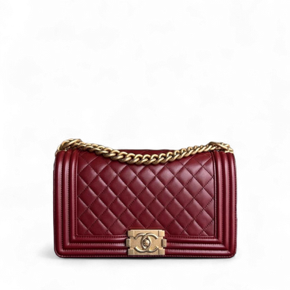 Chanel Boy Medium - 25CM Quilted Lambskin Dark Red Burgundy Gold Hardware Series 24