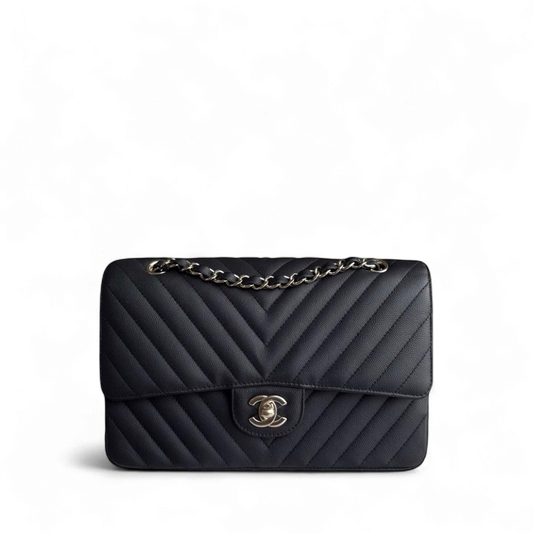 Chanel Classic Flap Medium - Caviar 25CM Chevron Grained Calfskin Black Gold Hardware Series 27