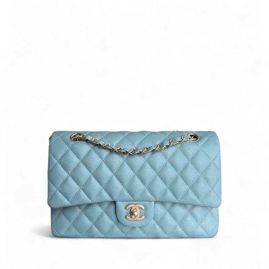 Chanel Classic Flap Medium - Caviar 25CM Quilted Grained Calfskin Light Blue Gold Hardware Series 25